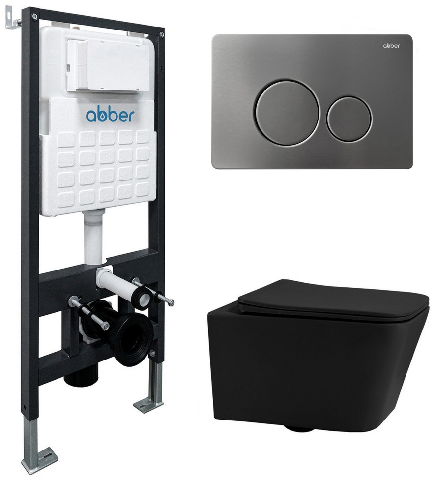 Комплект подвесной унитаз ABBER Rechteck AC1201MB черный матовый с инсталляцией AC0105 и кнопкой AC0121NG никель - артикул K0000230870