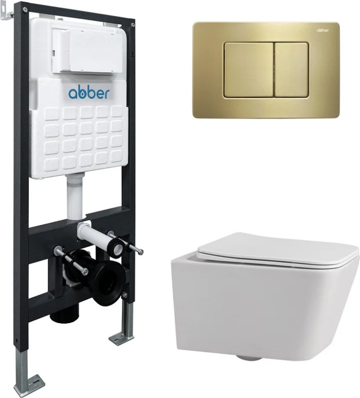 Комплект подвесной унитаз ABBER Rechteck AC1201 белый с инсталляцией AC0105 и кнопкой AC0120MMG золото матовое - артикул K0000230847