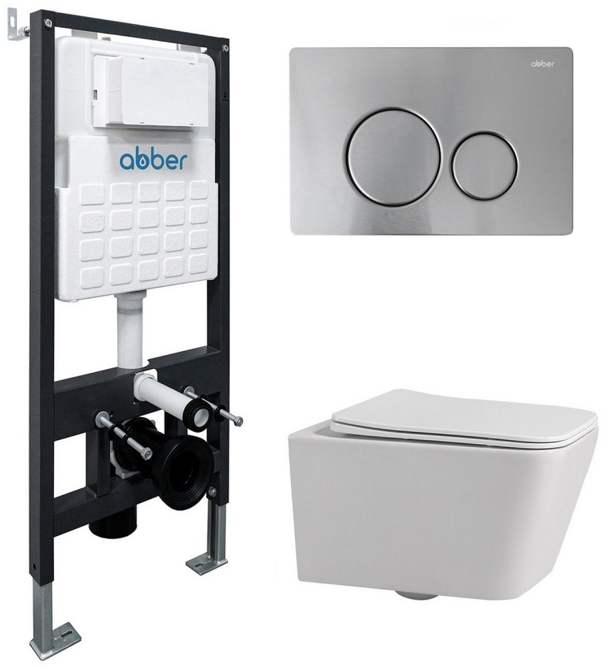 Комплект подвесной унитаз ABBER Rechteck AC1201 белый с инсталляцией AC0105 и кнопкой AC0121MCH матовый хром - артикул K0000230853