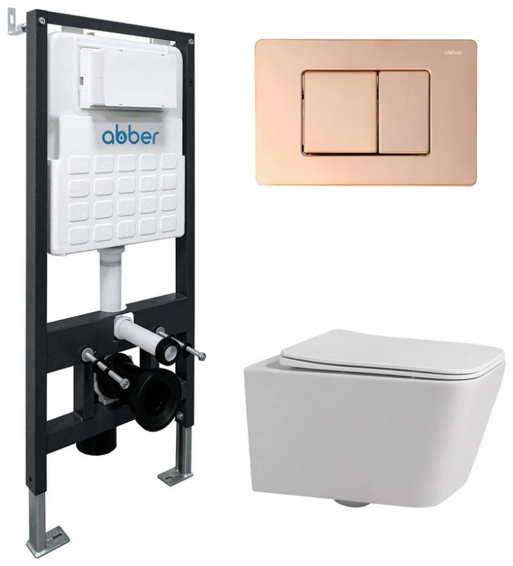 Комплект подвесной унитаз ABBER Rechteck AC1201 белый с инсталляцией AC0105 и кнопкой AC0120RG золото розовое - артикул K0000230850