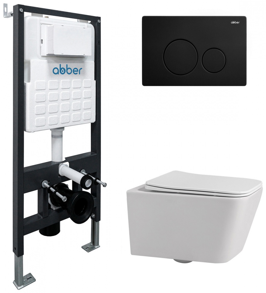 Комплект подвесной унитаз ABBER Rechteck AC1201 белый с инсталляцией AC0105 и кнопкой AC0121MB черный матовый - артикул K0000230852