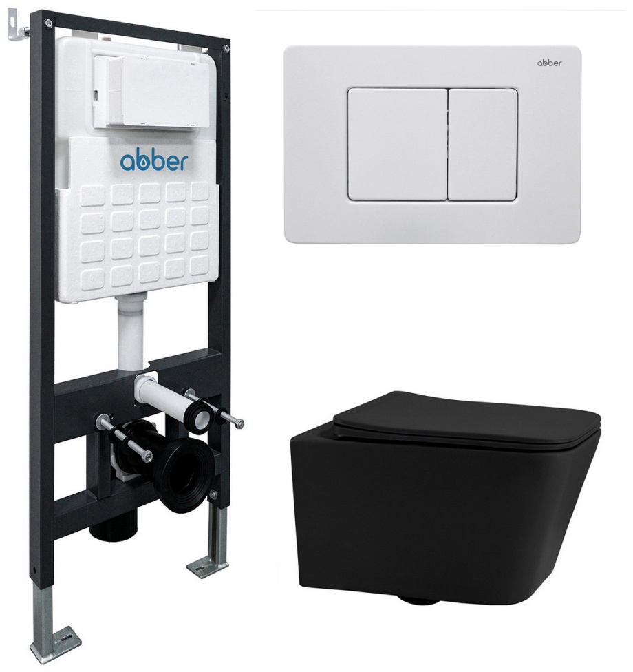 Комплект подвесной унитаз ABBER Rechteck AC1201MB черный матовый с инсталляцией AC0105 и кнопкой AC0120MW белая матовая - артикул K0000230862