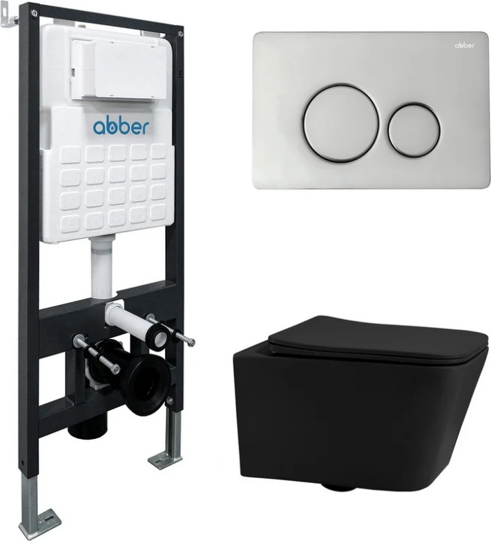 Комплект подвесной унитаз ABBER Rechteck AC1201MB черный матовый с инсталляцией AC0105 и кнопкой AC0121 хром - артикул K0000230865