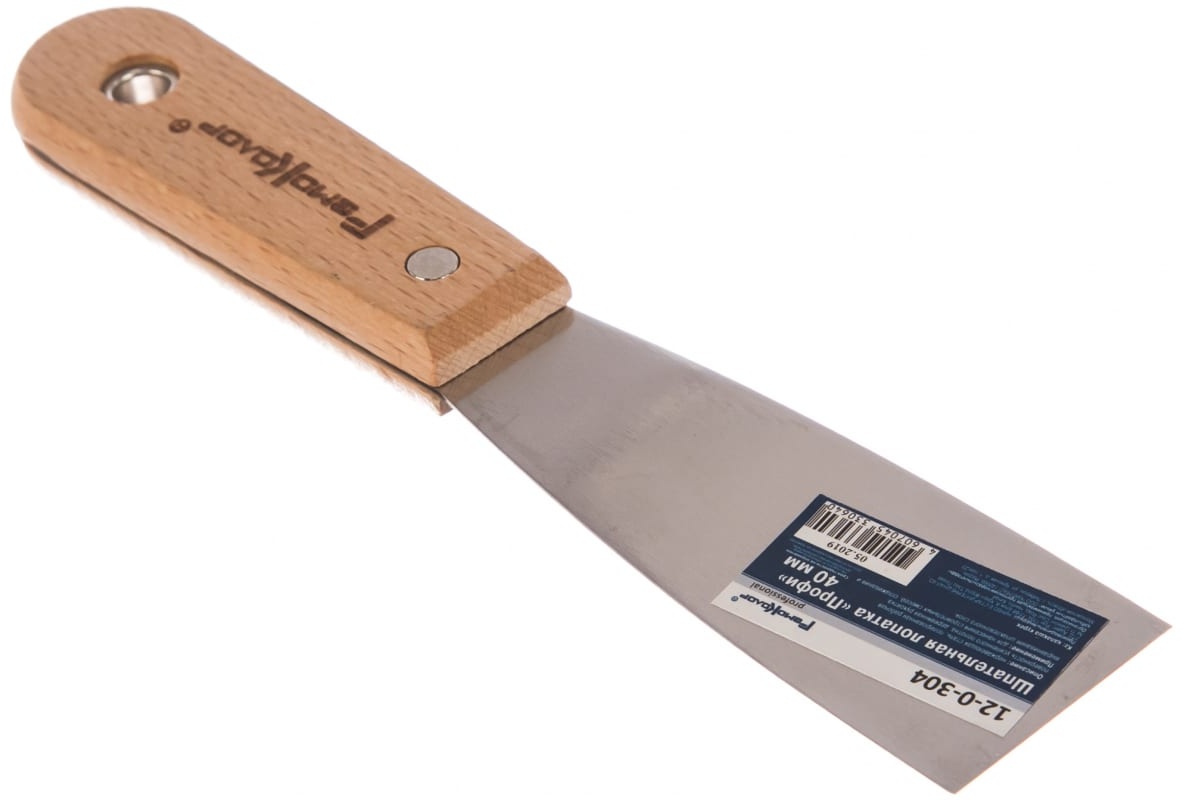 12-0-304 Шпательная лопатка "Профи", нержавеющая сталь, зеркал. полотно, деревянная рукоятка, 40мм - артикул K0000235586