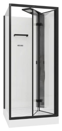 BELLA90B (90*90*215-225) Душевая кабина без крыши, квадратный низкий поддон, черная центральная панель, тропический душ, ручной душ, полочка, черный п - артикул K0000264414