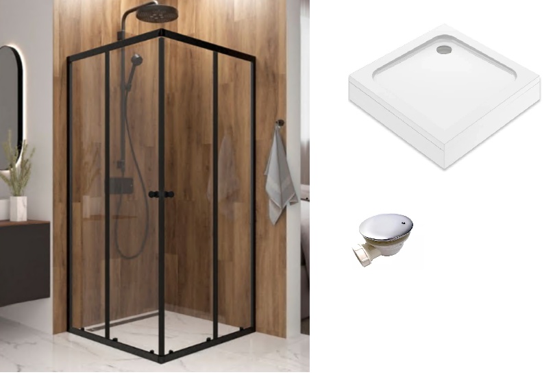 Комплект Душевое ограждение Domani-Spa CH Shape 2 99, прозрачное стекло, графит, черный + поддон + сифон - артикул K0000314564