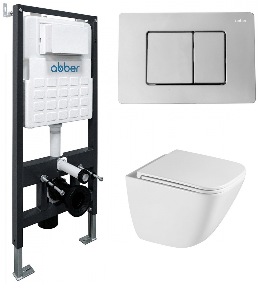 Комплект подвесной унитаз ABBER Rechteck AC1220TC белый, с закрытым дном с инсталляцией AC0105 и кнопкой AC0120 хром глянцевый - артикул K0000319758