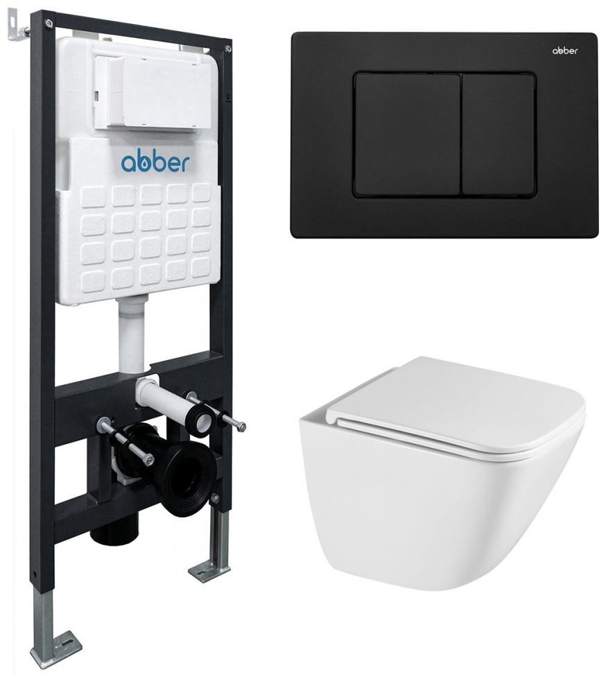 Комплект подвесной унитаз ABBER Rechteck AC1220TC белый, с закрытым дном с инсталляцией AC0105 и кнопкой AC0120MB черный матовый - артикул K0000319759