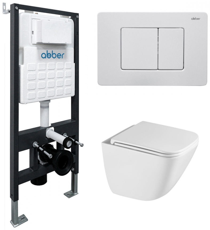Комплект подвесной унитаз ABBER Rechteck AC1220TC белый, с закрытым дном с инсталляцией AC0105 и кнопкой AC0120MW белая матовая - артикул K0000319760