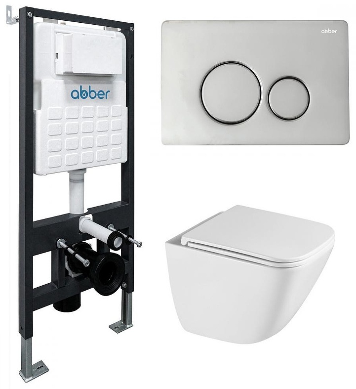 Комплект подвесной унитаз ABBER Rechteck AC1220TC белый, с закрытым дном с инсталляцией AC0105 и кнопкой AC0121 хром глянцевый - артикул K0000319761
