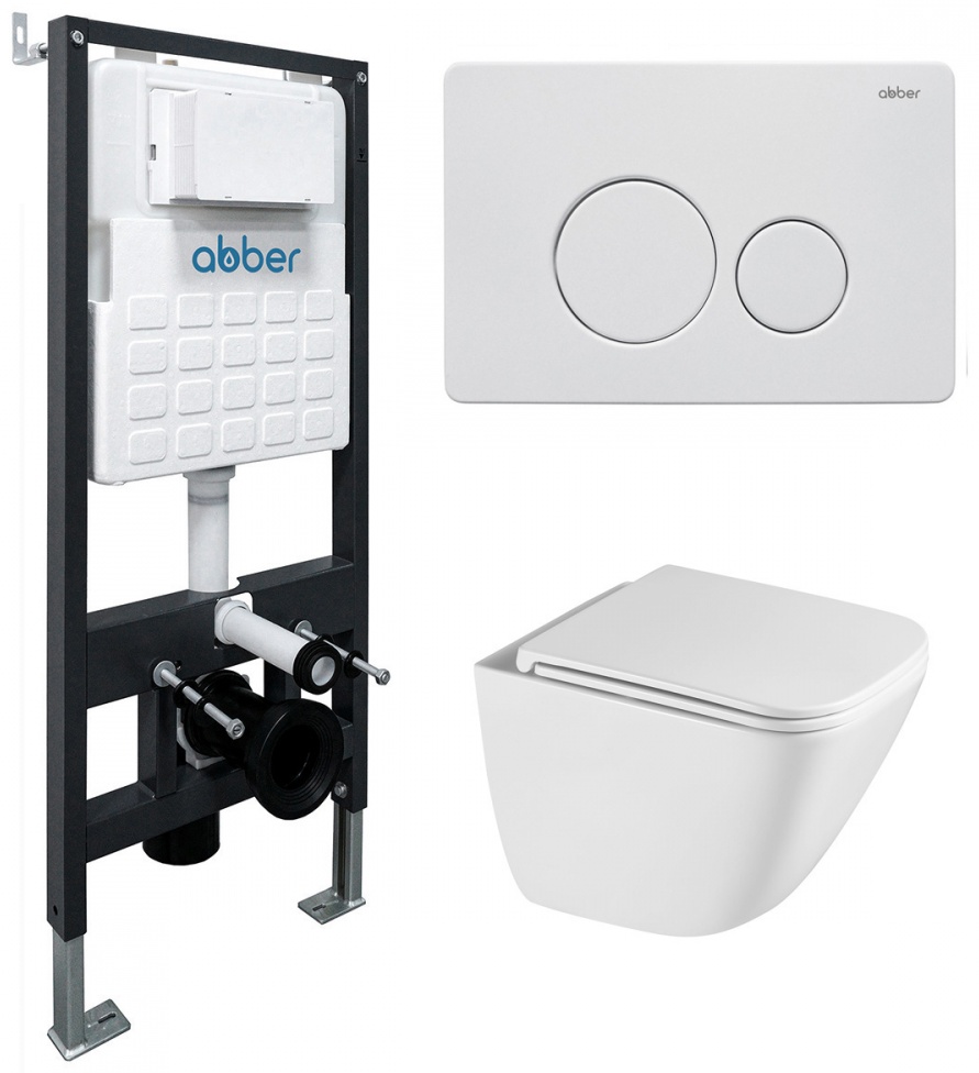 Комплект подвесной унитаз ABBER Rechteck AC1220TC белый, с закрытым дном с инсталляцией AC0105 и кнопкой AC0121MW белая матовая - артикул K0000319762