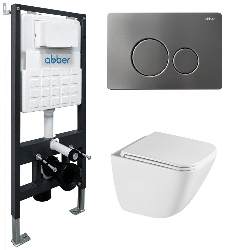 Комплект подвесной унитаз ABBER Rechteck AC1220TC белый, с закрытым дном с инсталляцией AC0105 и кнопкой AC0121NG никель - артикул K0000319763