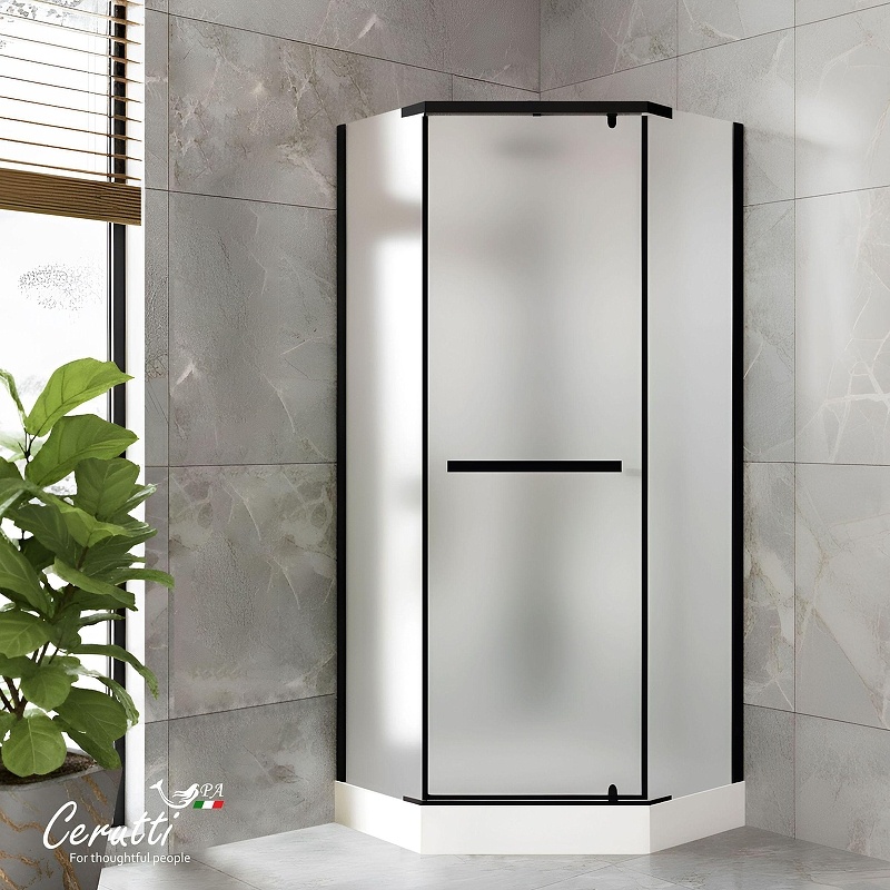 CHIKA901BF (90*90*215-225) Душевая кабина без крыши, черный алюминиевый профиль, пятиугольный низкий поддон, центральная панель, тропический душ, ручн - артикул K0000319151