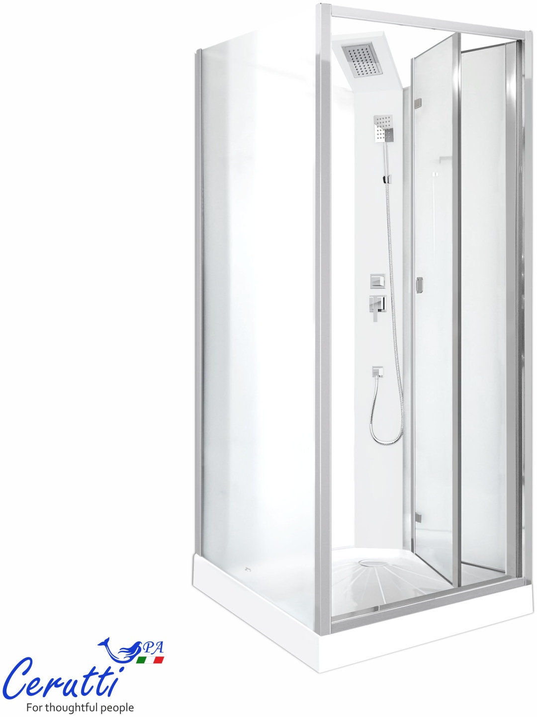 BELLA90F (90*90*215-225) Душевая кабина без крыши, квадратный низкий поддон, регулируемая высота тропического душа, матовое переднее стекло 5 мм, бело - артикул K0000327498