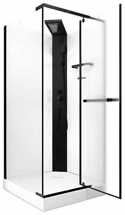 MIMI90BF (90*90*215-225) Душевая кабина без крыши, квадратный низкий поддон, центральная панель, тропический душ, ручной душ, полочка,матовое переднее - артикул K0000319152