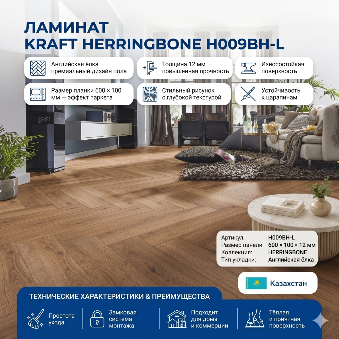 Напольное покрытие ламинат KRAFT HERRINGBONE артикул: H009BH-L размер: 600*100MM*12ММ - артикул K0000329245