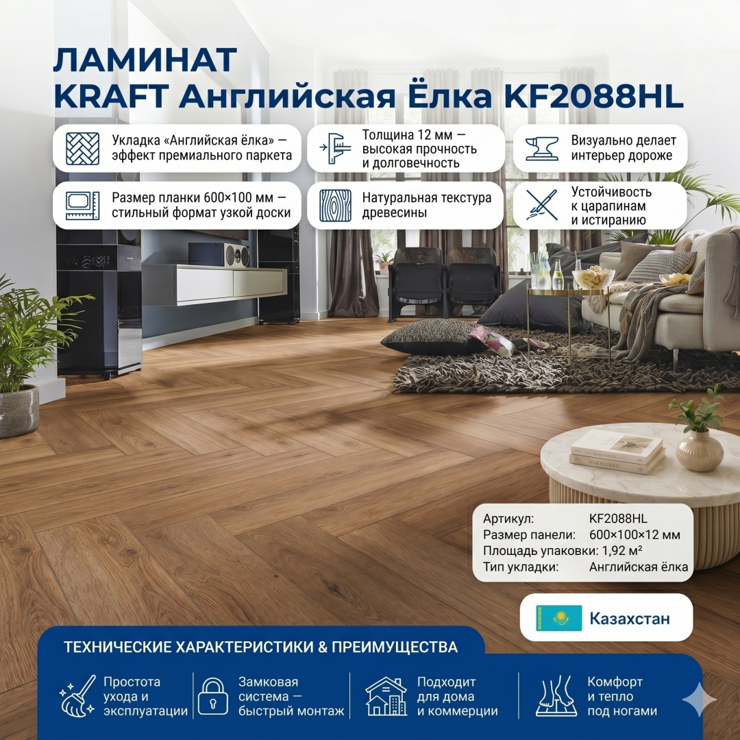 Напольное покрытие Ламинат KRAFT Англ. елка 12*100*600 1,92м2 KF2088HL - артикул K0000329246