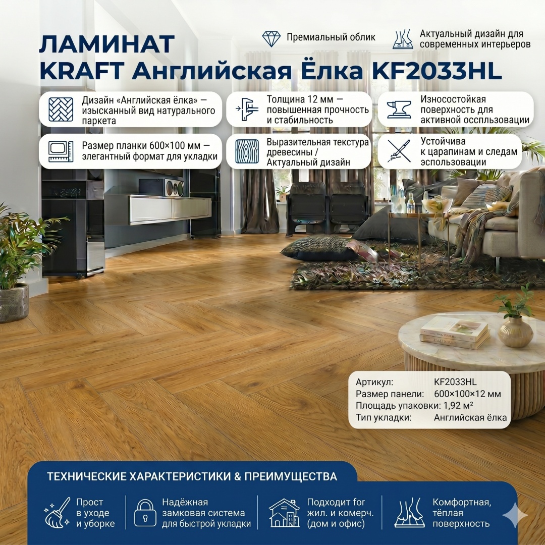 Напольное покрытие Ламинат KRAFT Англ. елка 12*100*600 1,92м2 KF2033HL - артикул K0000329248