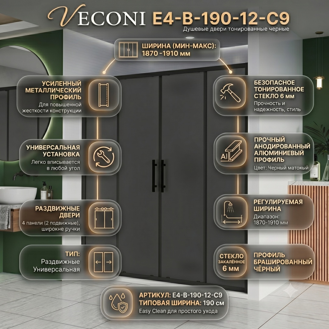 Душ. дверь Veconi E4-B Арт. E4-B-190-12-C9 Стекло тон.мат., 6мм(уст.1870-1910/1950,черн.мат.) - артикул K0000323114