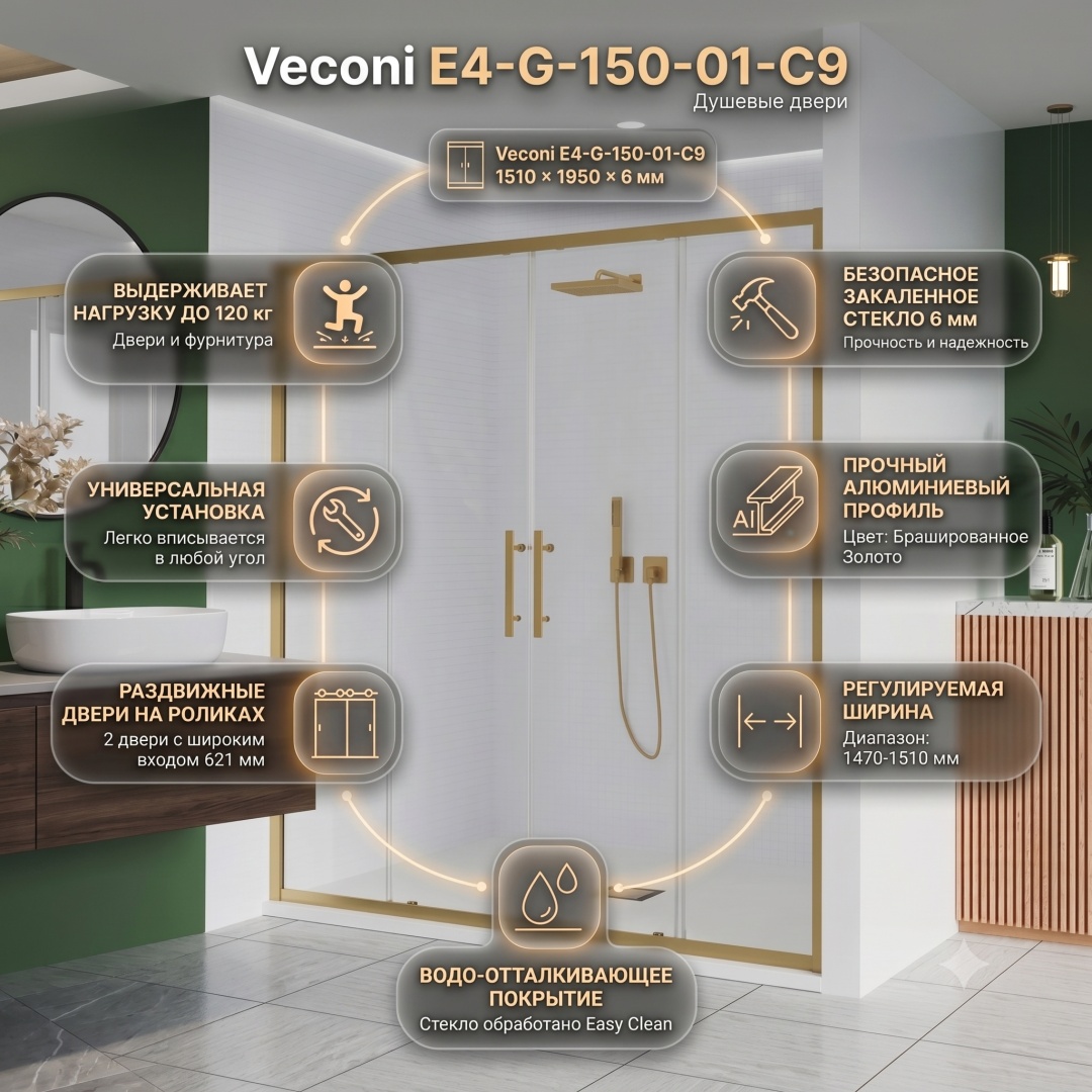 Душ. дверь Veconi E4-G Арт. E4-G-150-01-C9 Стекло прозр., 6мм(уст.1470-1510/1950,зол.браш.) - артикул K0000323129