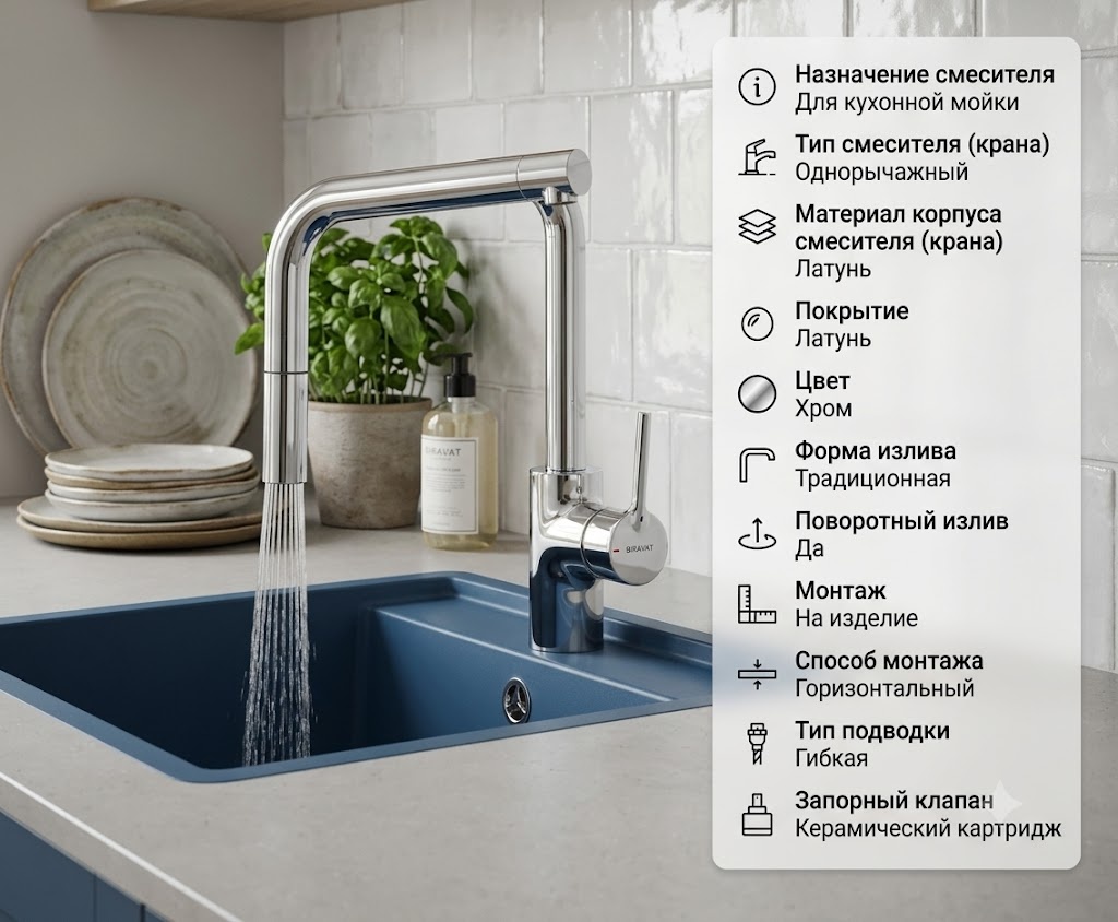 Смеситель для кухни Bravat Affability с одной ручкой, хром (F7172217CP-ENG) - артикул K0000343422