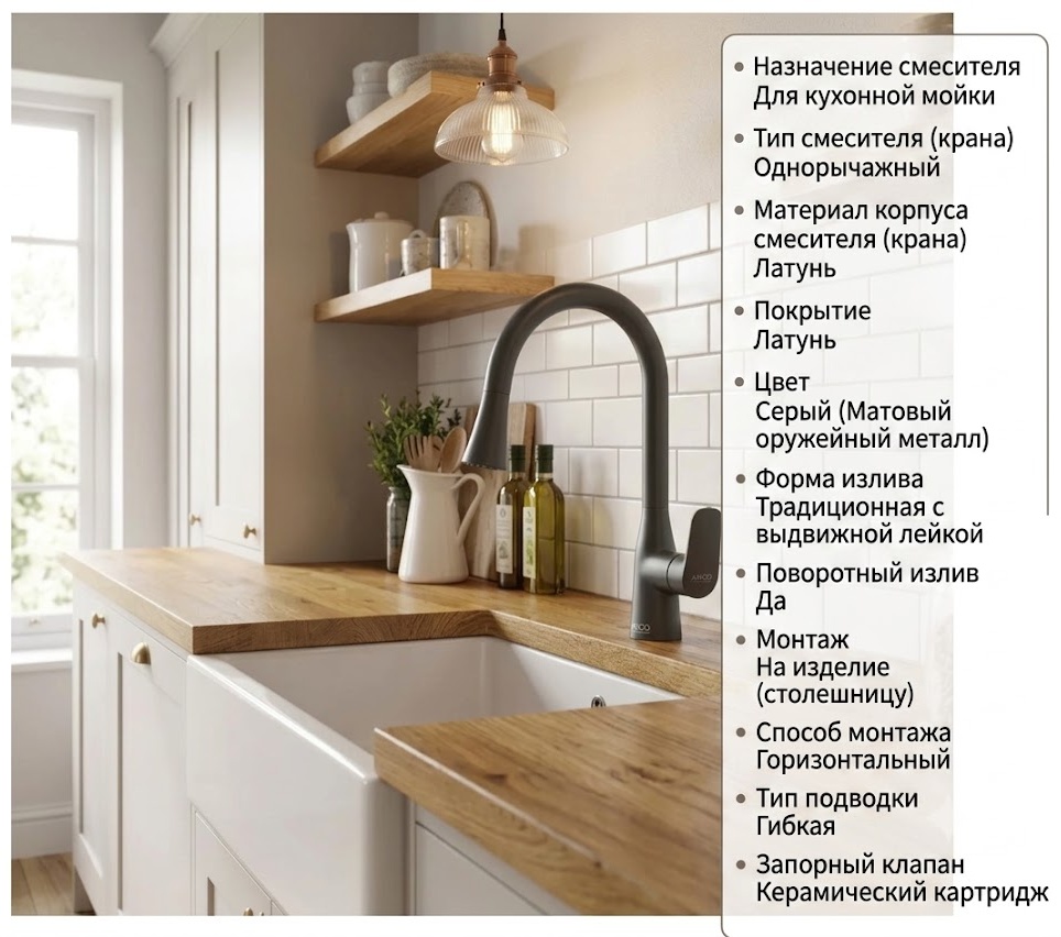 Смеситель для кухни Bravat Miranda с одной ручкой, серый (F7460564BTC-ENG) - артикул K0000343459