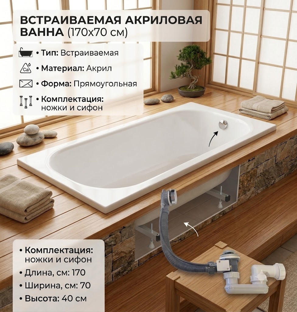 Комплект Ванна с ножками ORBITA JSD-01-170 квадратная 1700*700*400 мм Premium - артикул K0000343697