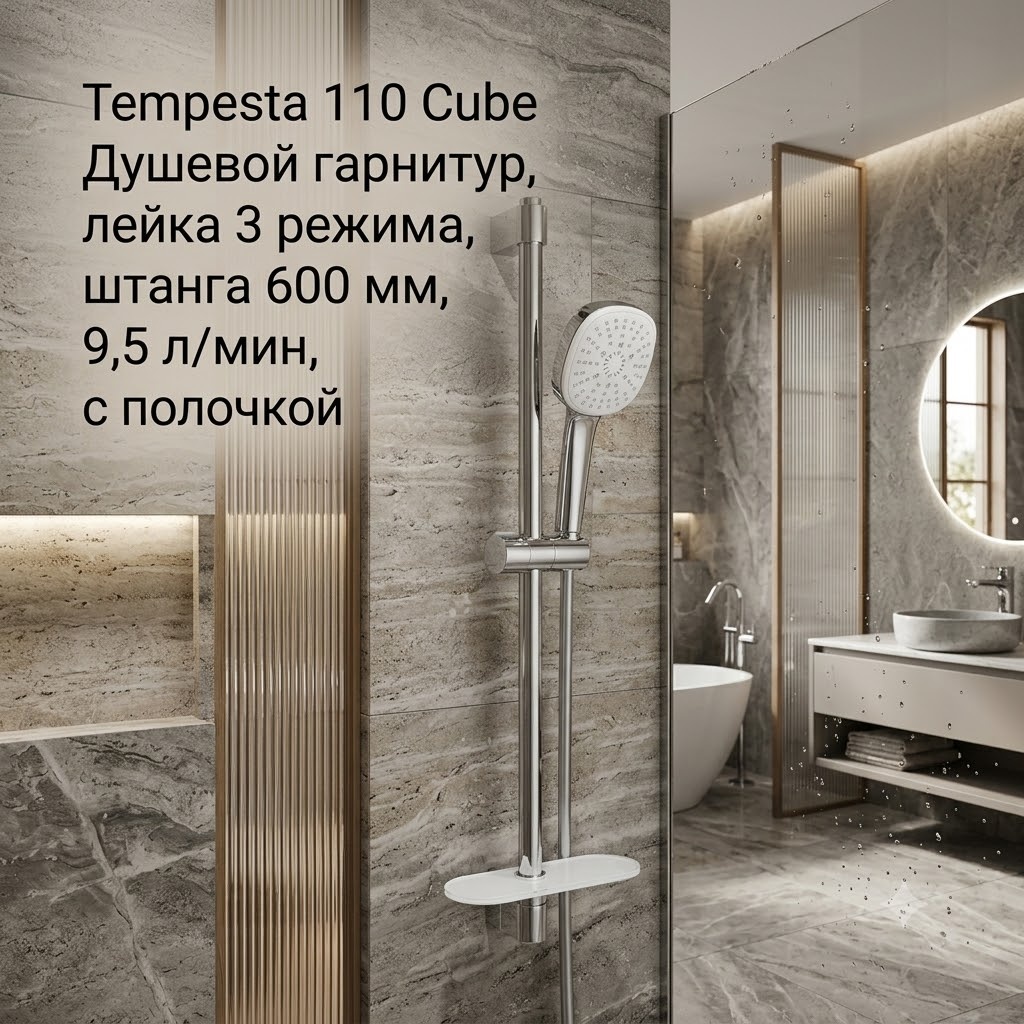 Tempesta 110 Cube Душевой гарнитур, лейка 3 режима, штанга 600 мм, 9,5 л/мин, с полочкой - артикул K0000343486