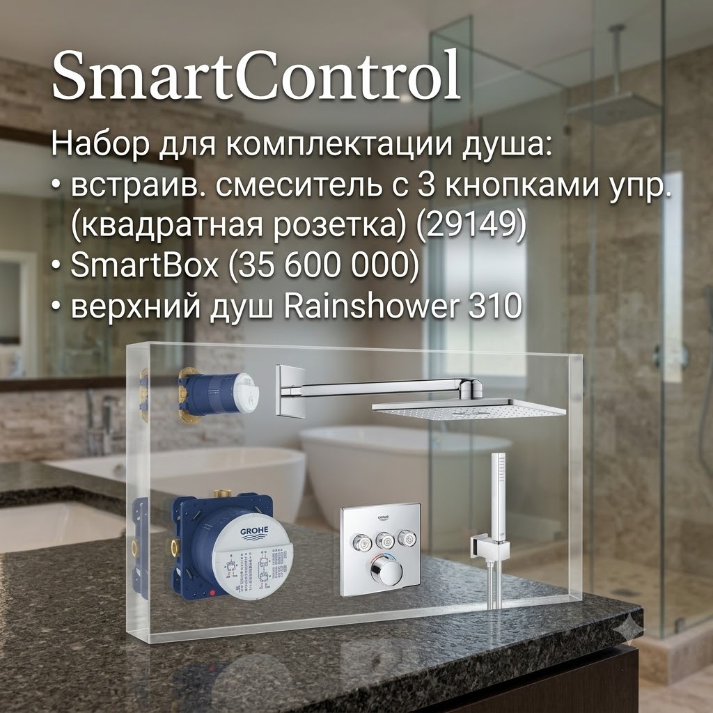 SmartControl Набор для комплектации душа: встраив. смеситель с 3 кнопками упр. (квадратная розетка) (29149), SmartBox (35 600 000), верхний душ Rainsh - артикул K0000343499
