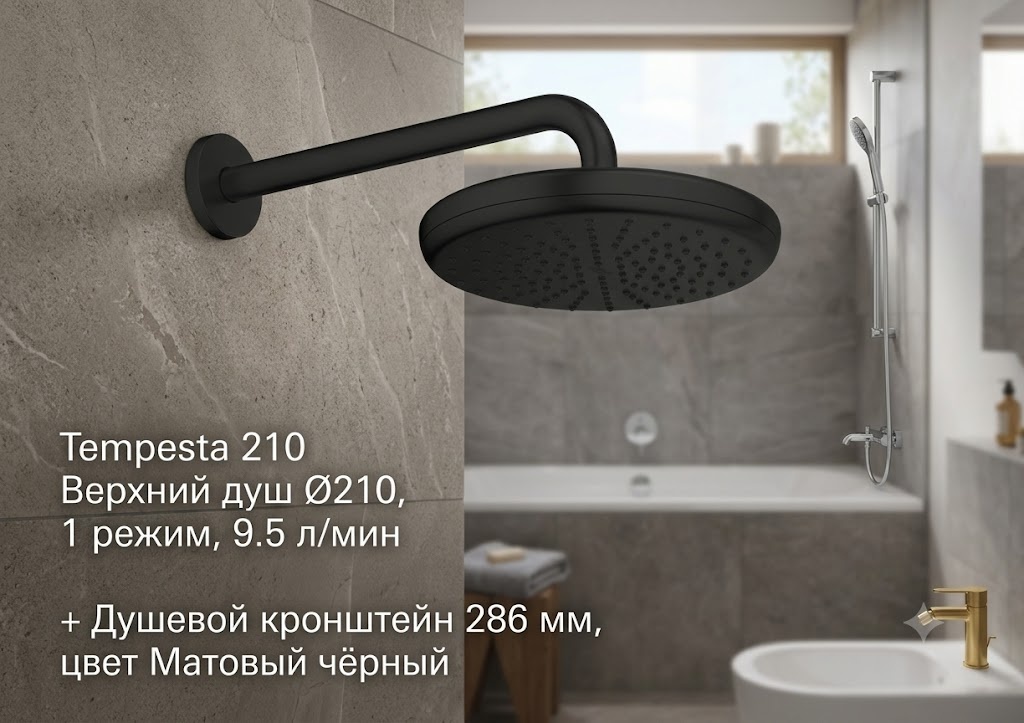 Tempesta 210 Верхний душ Ø210, 1 режим, 9.5 л/мин + Душевой кронштейн 286 мм, цвет Матовый чёрный - артикул K0000343520
