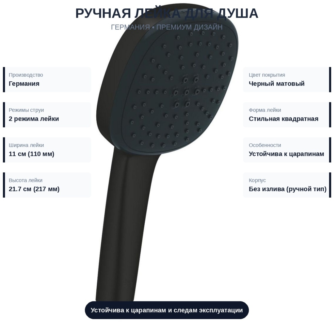 Tempesta Cube 110 Ручной душ, квадратная форма, 2 режима, SmartSwitch, цвет Матовый чёрный - артикул K0000343523