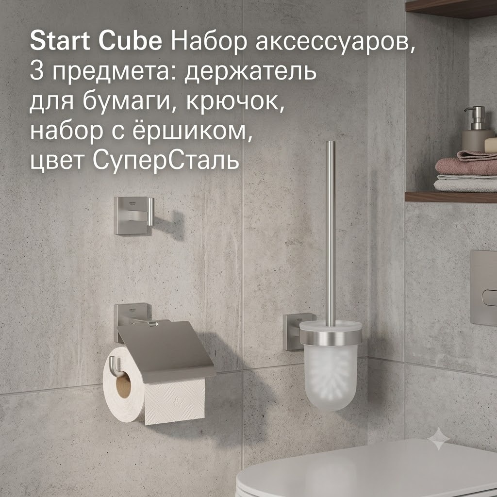 Start Cube Набор аксессуаров, 3 предмета: держатель для бумаги, крючок, набор с ёршиком, цвет СуперCталь - артикул K0000343549