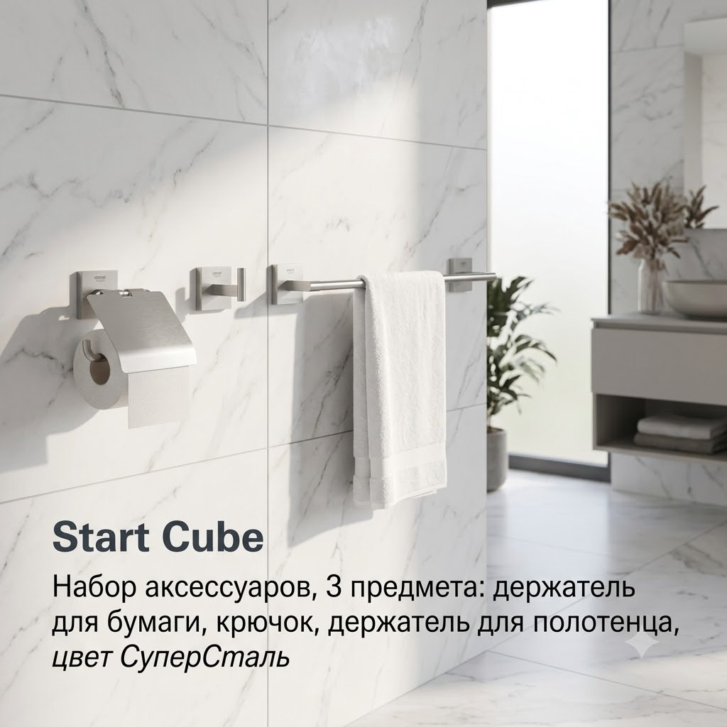 Start Cube Набор аксессуаров, 3 предмета: держатель для бумаги, крючок, держатель для полотенца, цвет СуперCталь - артикул K0000343550