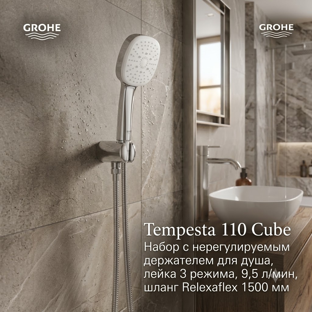 Tempesta 110 Cube Набор с нерегулируемым держателем для душа, лейка 3 режима, 9,5 л/мин, шланг Relexaflex 1500 мм - артикул K0000343583