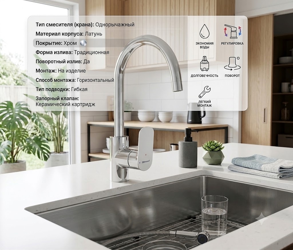 Смеситель для кухни Bravat Rhein с одной рукояткой, хром (F7429564CP-ENG) - артикул K0000343163