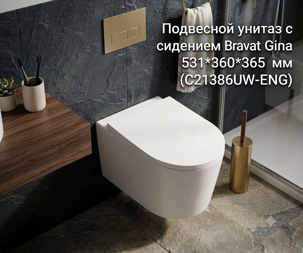 Подвесной унитаз c сидением Bravat Gina 531*360*365 мм (C21386UW-ENG) - артикул K0000343166