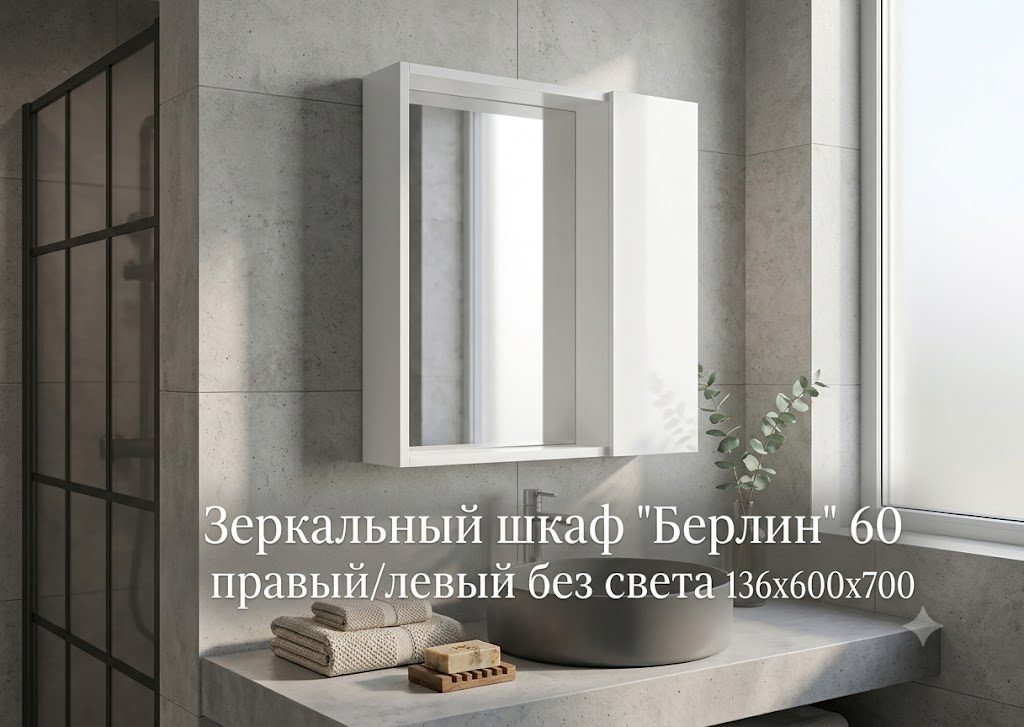 Зеркальный шкаф VIANT "Берлин" 60 правый/левый без света белый 136х600х700 - артикул K0000343319