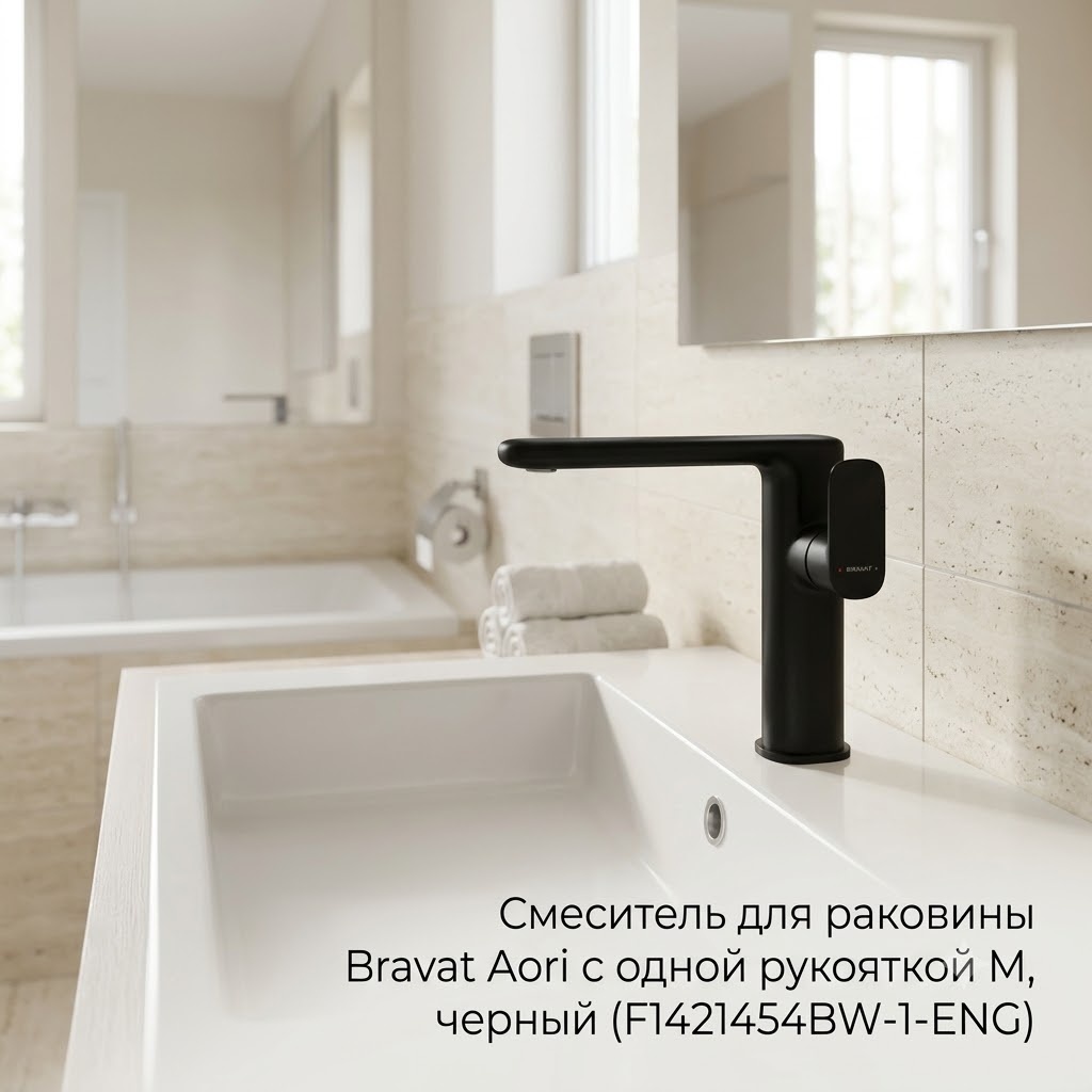 Смеситель для раковины Bravat Aori с одной рукояткой M, черный (F1421454BW-1-ENG) - артикул K0000343407