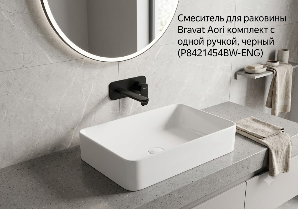 Смеситель для раковины Bravat Aori комплект с одной ручкой, черный (P8421454BW-ENG) - артикул K0000343408