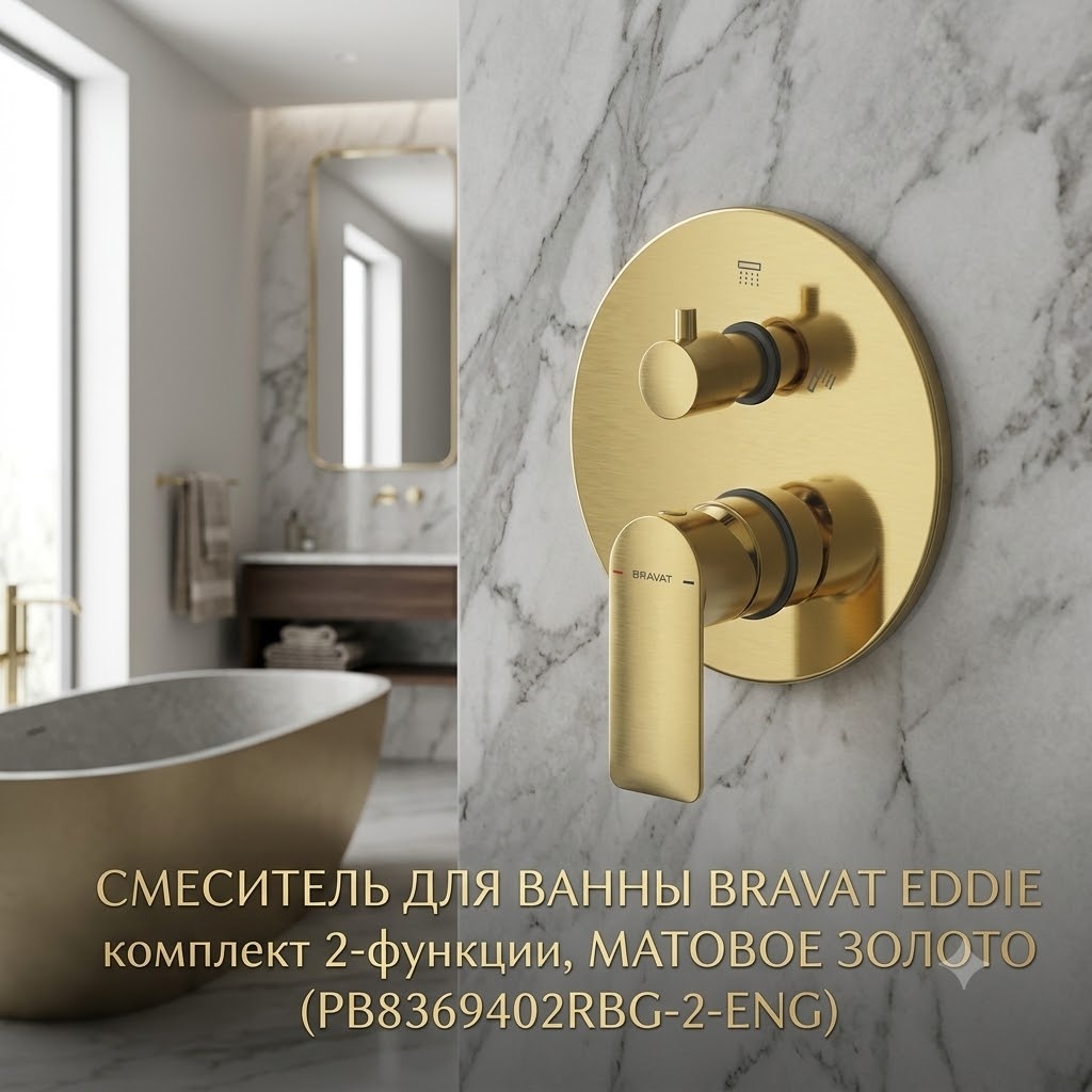 Смеситель для ванны Bravat Eddie комплект 2-функции, матовое золото (PB8369402RBG-2-ENG) - артикул K0000343444