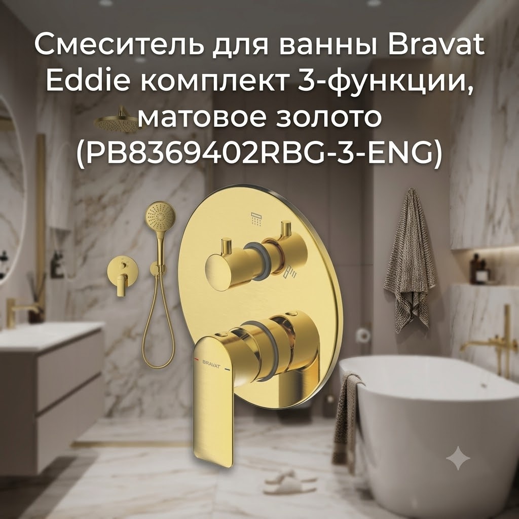 Смеситель для ванны Bravat Eddie комплект 3-функции, матовое золото (PB8369402RBG-3-ENG) - артикул K0000343445