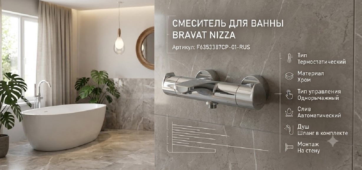 Смеситель для ванны Bravat Nizza термостат, хром (F6353387CP-01-RUS) - артикул K0000343449