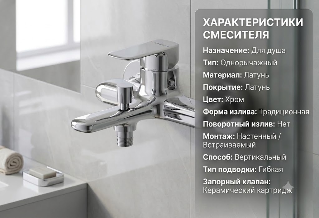 Смеситель для душа Bravat Aori настенная с одной ручкой, хром (F6421454CP-01-ENG) - артикул K0000343452