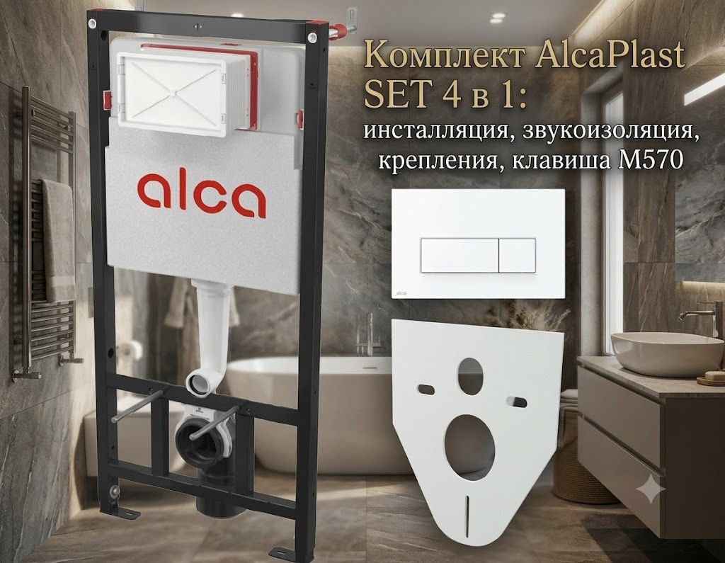 Комплект AlcaPlast SET 4 в 1: инсталляция, звукоизоляция, крепления, клавиша M570 - артикул K0000342994