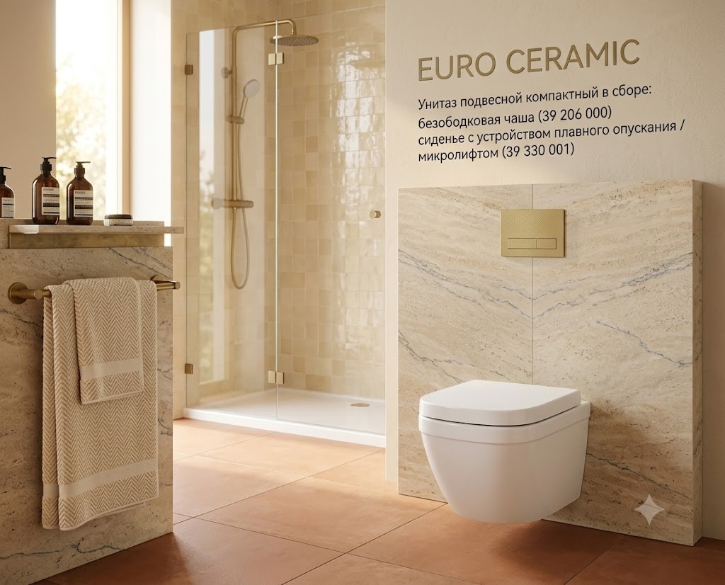 Euro Ceramic Унитаз подвесной компактный в сборе: безободковая чаша (39 206 000), сиденье с устройством плавного опускания / микролифтом (39 330 001) - артикул K0000343010