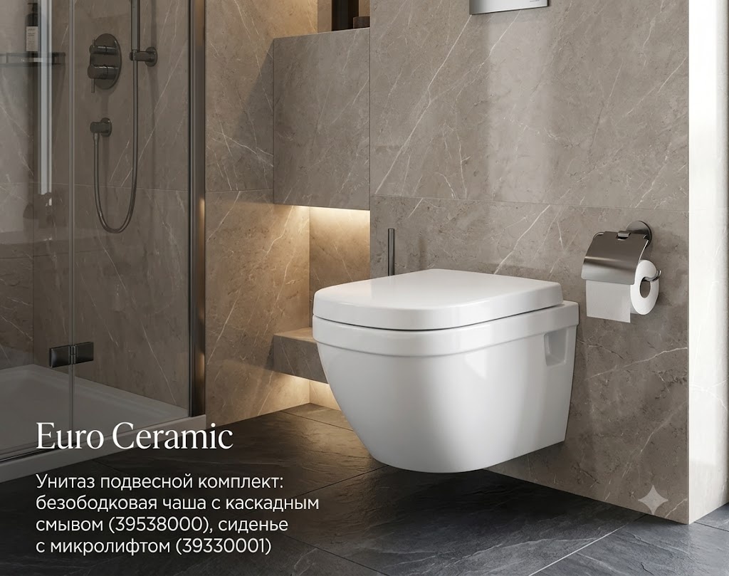 Euro Ceramic Унитаз подвесной комплект: безободковая чаша с каскадным смывом (39538000), сиденье с микролифтом (39330001) - артикул K0000343011