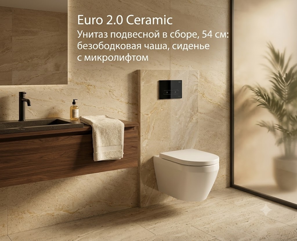 Euro 2.0 Ceramic Унитаз подвесной в сборе, 54 см: безободковая чаша, сиденье с микролифтом - артикул K0000343012