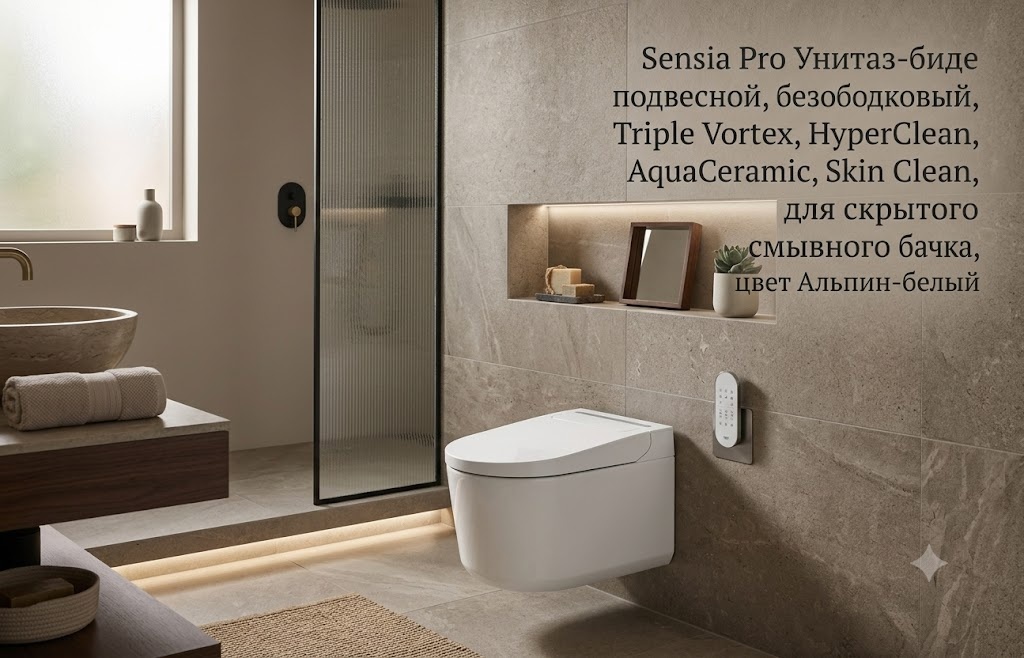 Sensia Pro Унитаз-биде подвесной, безободковый, Triple Vortex, HyperClean, AquaCeramic, Skin Clean, для скрытого смывного бачка, цвет Альпин-белый - артикул K0000343014