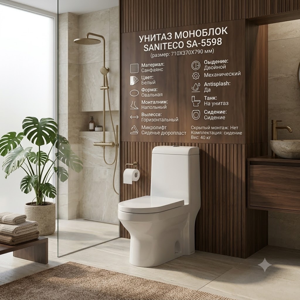 Унитаз монолитный SANITECO SA-5598 белый 710X390X790 - артикул K0000343044