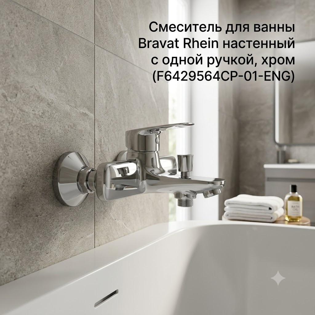 Смеситель для ванны Bravat Rhein настенный с одной ручкой, хром (F6429564CP-01-ENG) - артикул K0000343161